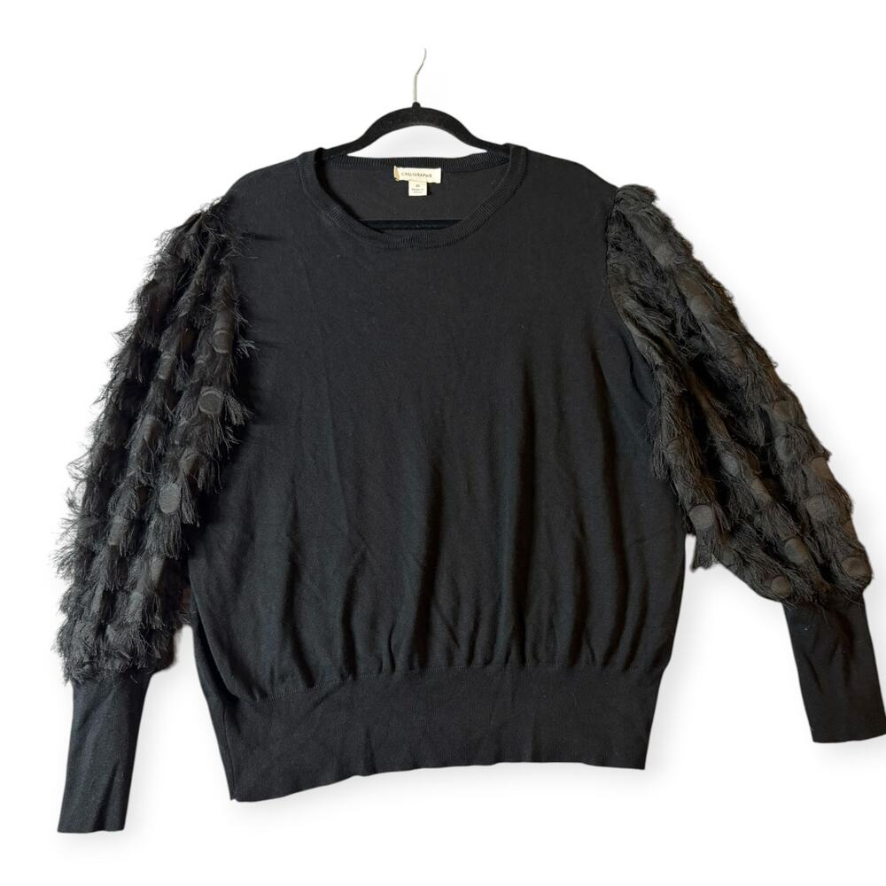 Calligraphie Sweater, Feathered Sleeves, Crew Neck, Black, Women's 2XL